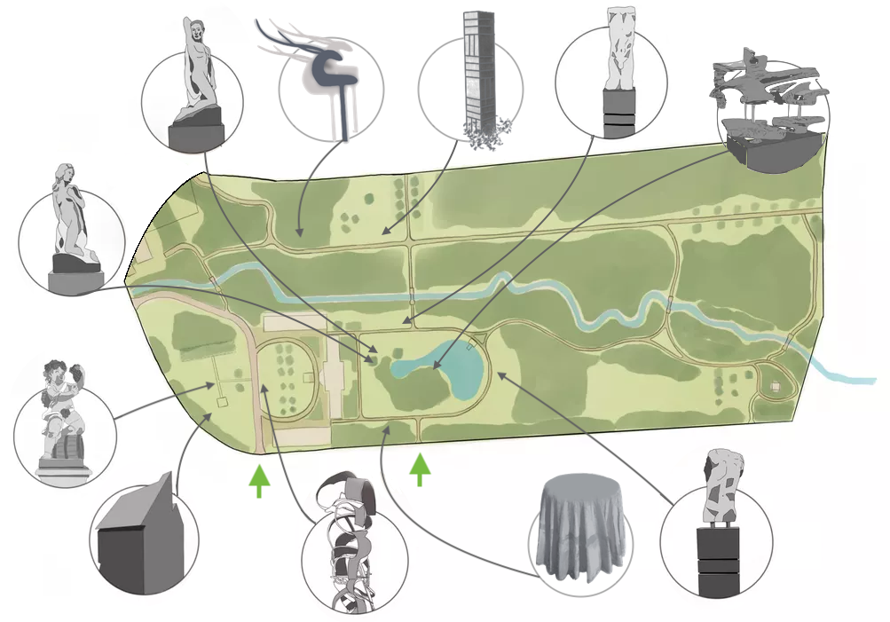Lageplan des Parks mit den Standorten der Kunstwerke